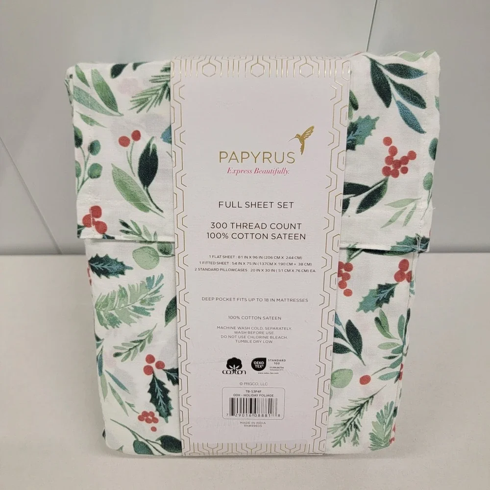 PAPYRUS Christmas Holly Berry FULL Sheet Set 100% Cotton Sateen 300 Thread Count
